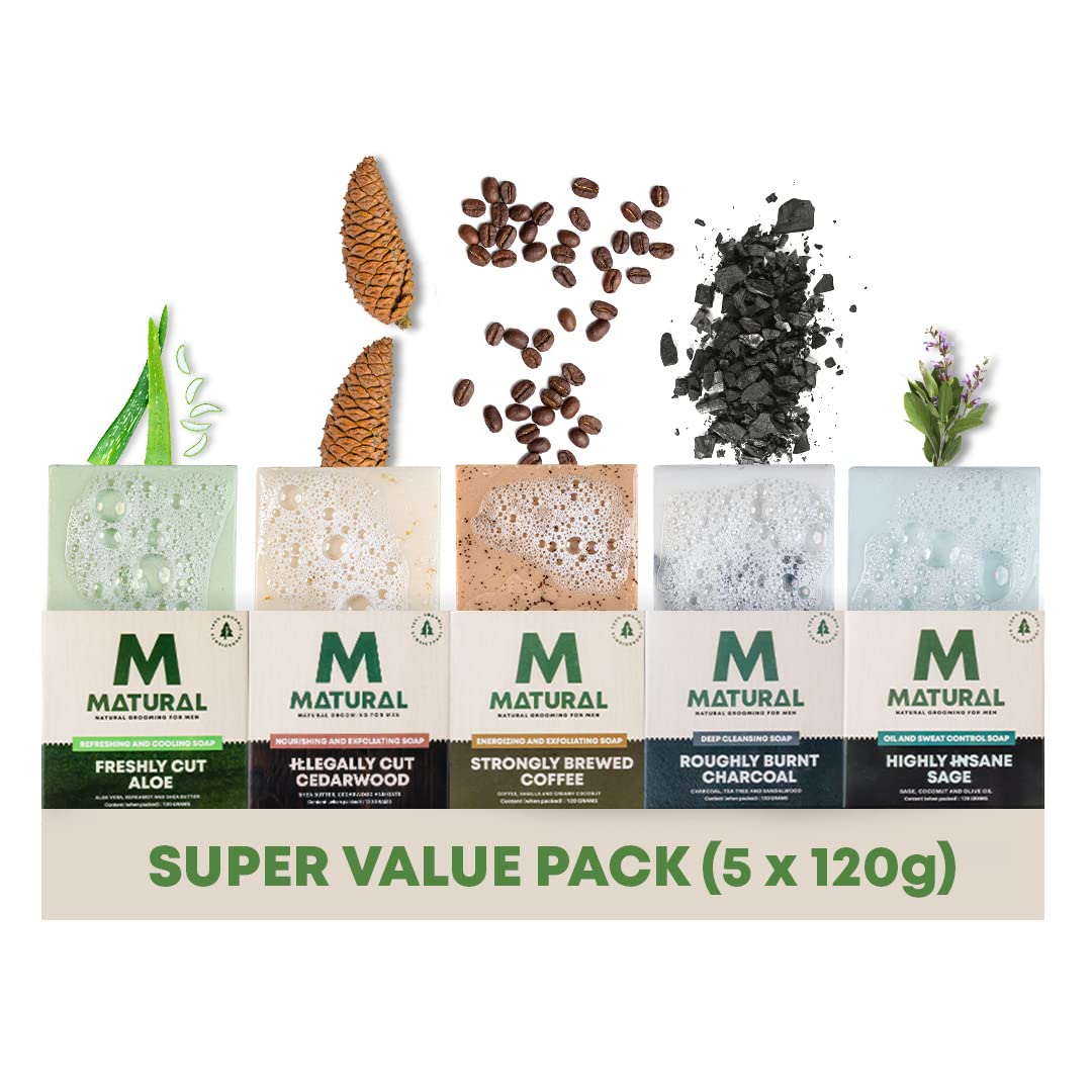 Matural All Natural Handmade Bar Soap For Men, Super Value Combo of All 5 Organic Soaps for Bath, (Aloe Vera, Charcoal, Cedarwood, Sage & Coffee) - 120 Gm * 5 (Pack Of 5)