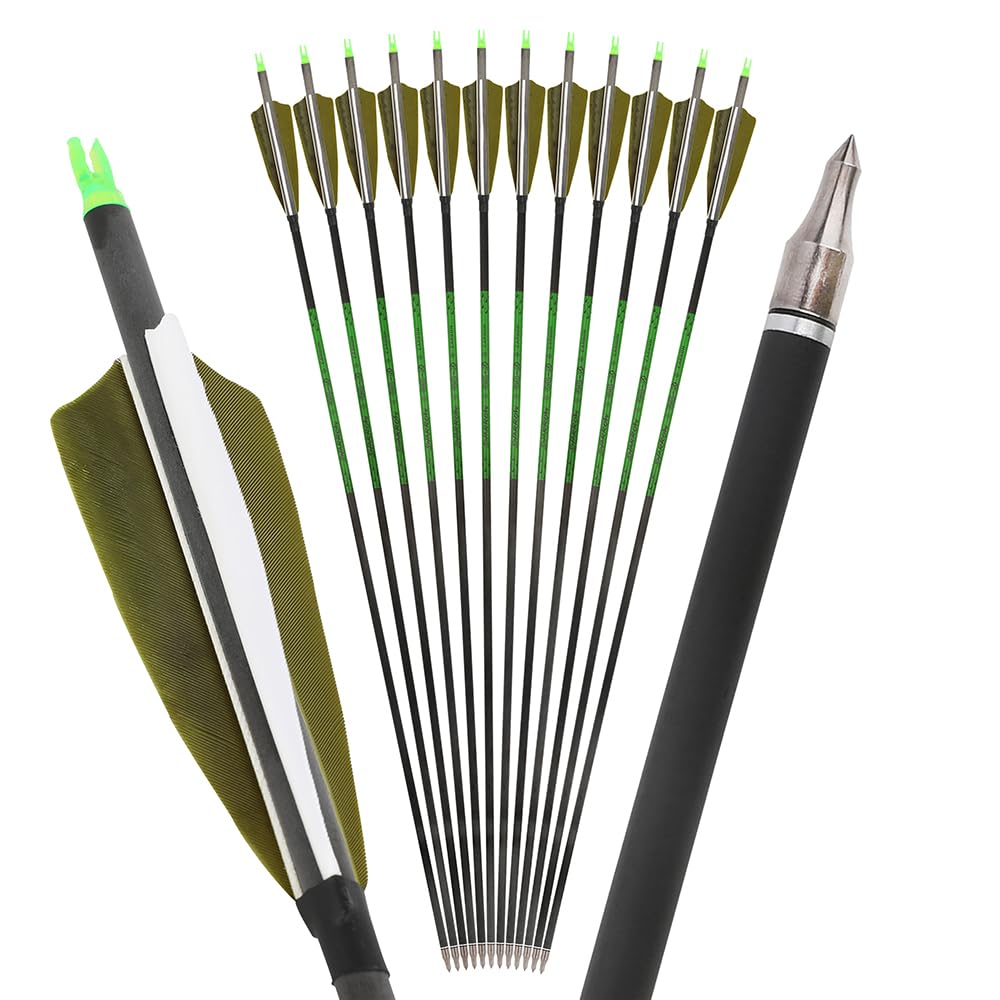 Flèches en Carbone Pur 6/12 pièces 31,5 Pouces, ID 6,2 mm, flèches à Plumes de dindon Naturelles,ompatibles arcs recurve et arcs à poulies pour Chasse et tir sur Cible