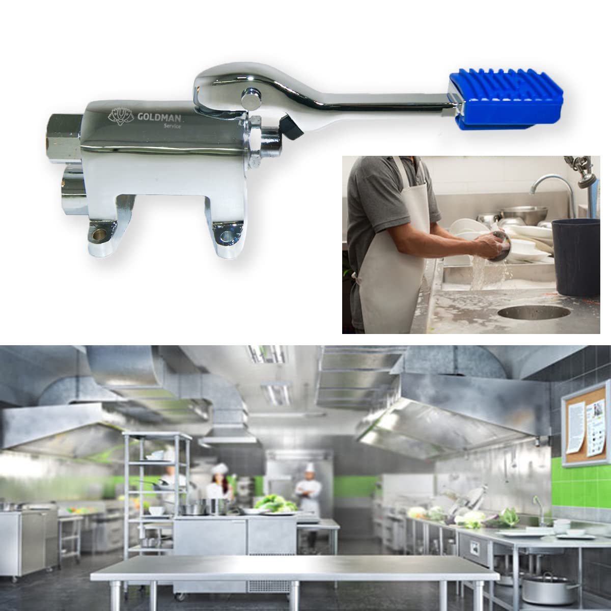 GOLDMAN SERVICE | Mélangeur à pédale pour éviers de cuisine industriels + Adaptateur de connexion pour deux eaux froides - chaudes.