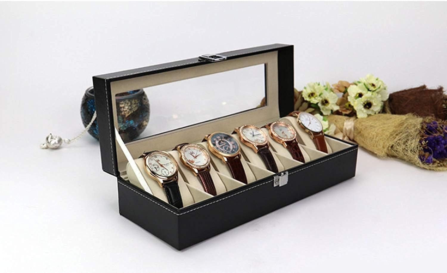 SMARAN Wrist Watch Storage Box Display Case Organizer of Faux Leather Finish with Glass Window 6 Slot (B0CDSBXSRN) Amazon Price History, Amazon Price Tracker