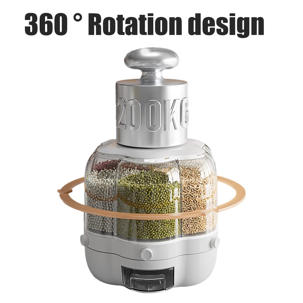 Dispensador de alimentos, Contenedor de almacenamiento de granos de alimentos, Dispensador de arroz giratorio de 6 rejillas de gran capacidad de 6.5L, Caja de almacenamiento de alimentos