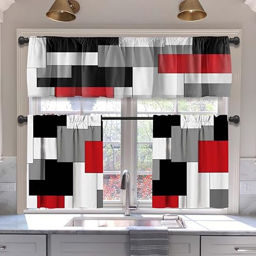 MCALK Juego de 3 cortinas de cocina rojas y cenefas de 3 piezas para ventanas, color gris y negro, cenefas de arte abstracto moderno blanco para