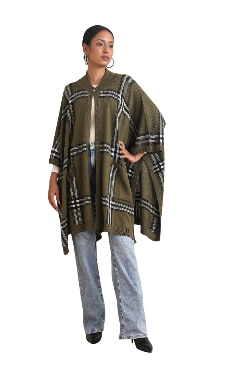 Women’s Wrap Wool Outerwear | Draped Wrap Style Layer with Open Front Shawl | Woolen Textured Fabric with Contrast Border Detailing | Contemporary Indo-Western, Olive-image-19