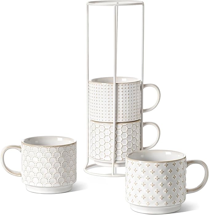 Arctic white ceramic coffee mugs, stackable in metal stand
