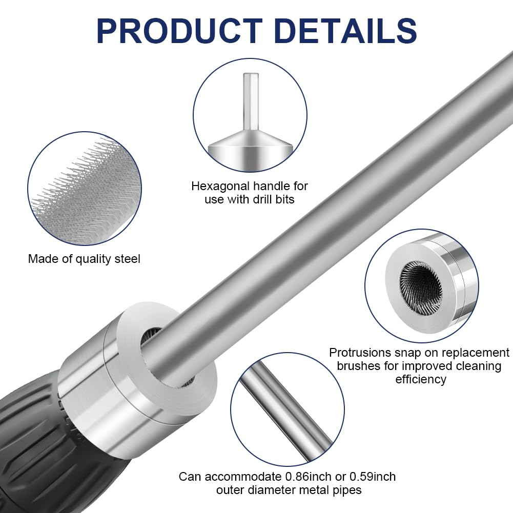 Flintronic Miedziany środek do czyszczenia rur, 1 szt. Szczotki do czyszczenia rur metalowych do wiertła 15 mm, z wymiennymi szczotkami, do czyszczenia rur miedzianych