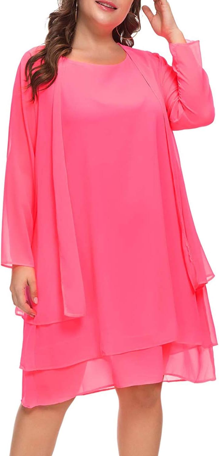 MISSJOY Plus Size Women's Chiffon Dress Mother of The Bride Dresses with Jacket Long Sleeve 2pcs Set Knee Length Pink