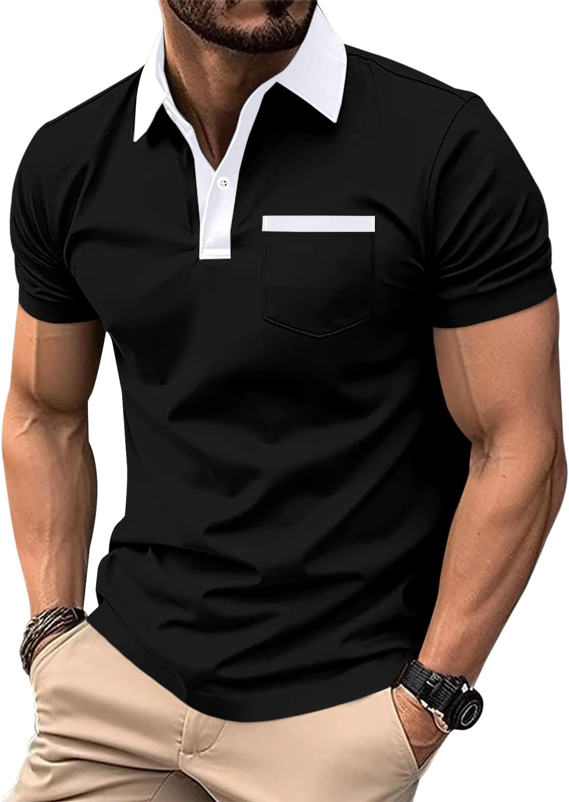 Mens Short Sleeve Polo Shirts Casual Summer Button Basic Shirt Classic Golf Stylish Tops with Pocket