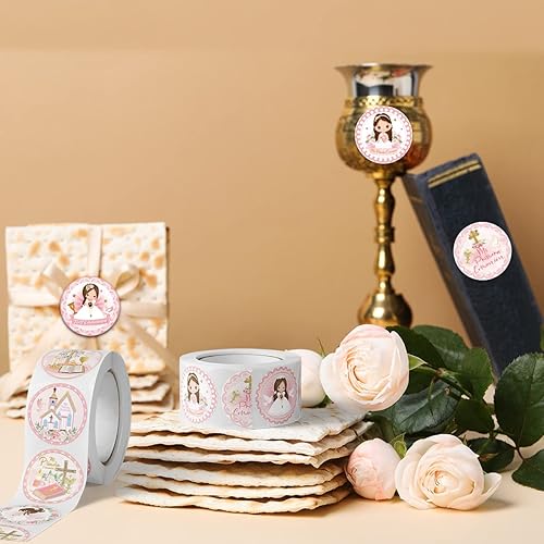 Miniatura 3 de Calcomanía de niña de la primera comunión, con texto en inglés "Thank You for Coming to My First Communion", calcomanía rosa con cruz religiosa para