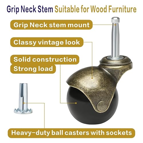 Miniatura 4 de JGJC Ruedas giratorias de 2 pulgadas, ruedas giratorias para muebles antiguos, juego de 4 con enchufe, ruedas de latón macizo con vástago (516 x