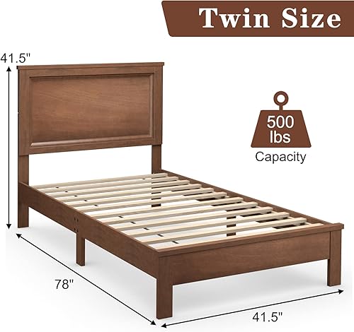 Miniatura 2 de KOMFOTT Base de cama de madera de tamaño individual con cabecero, plataforma de madera de mediados de siglo con soporte de listones y almacenamiento