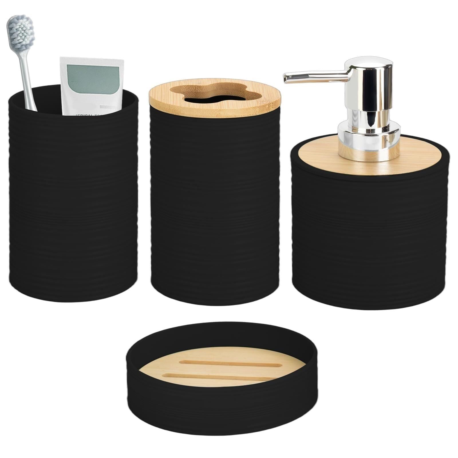 Ensemble accessoire salle de bain bambou noir 4 pièces pour décoration moderne
