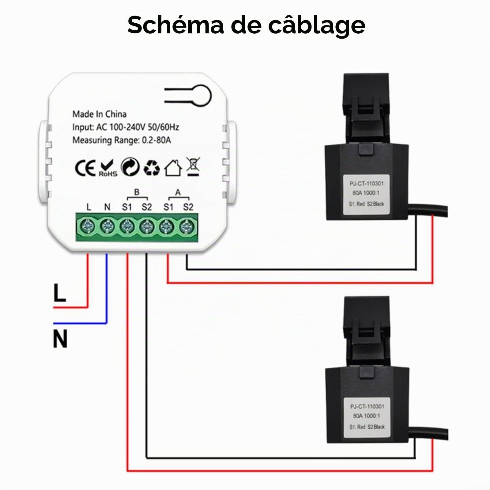 Zigbee Smart Energy Meter, pour compteur d'énergie TUYA 80A 2 canaux bidirectionnels, moniteur d'électricité avec 2 pinces pour l'alimentation en temps réel, mesure de la tension actuelle pour la
