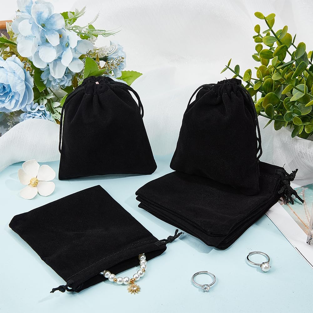 Beebeecraft 20Pcs Velvet Drawstring Pouches 12x10CM Black Rectangle Jewelry Pouches for Jewelry Earplug and Key Chains