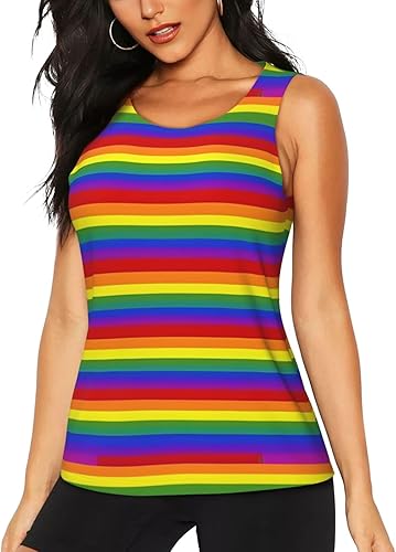 Rainbow Pattern Printing Women's Sleeveless Workout Tops Tennis Yoga Shirts Athletic Running Tank Tops(Black,Large)