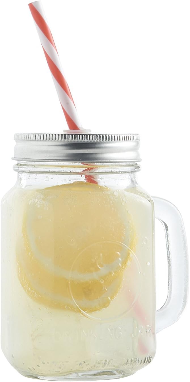 Mason Jar Mugs with Handle, SILVER Lid and Plastic Straws. 16 Oz. Each. Old Fashion Drinking Glasses - Pack of 4. By Premium Vials