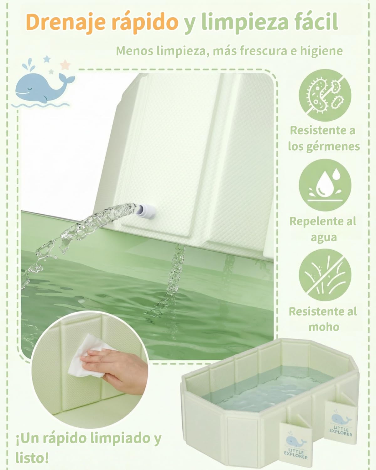 Bañera Plegable para Bebés de 0 a 6 Años, Bañera Infantil Portátil para Ducha, Bañera para Niños Plegable con 4 Patas de Soporte, Base Antideslizante y Doble Desagüe, Ahorra Espacio para Viaje (Verde)