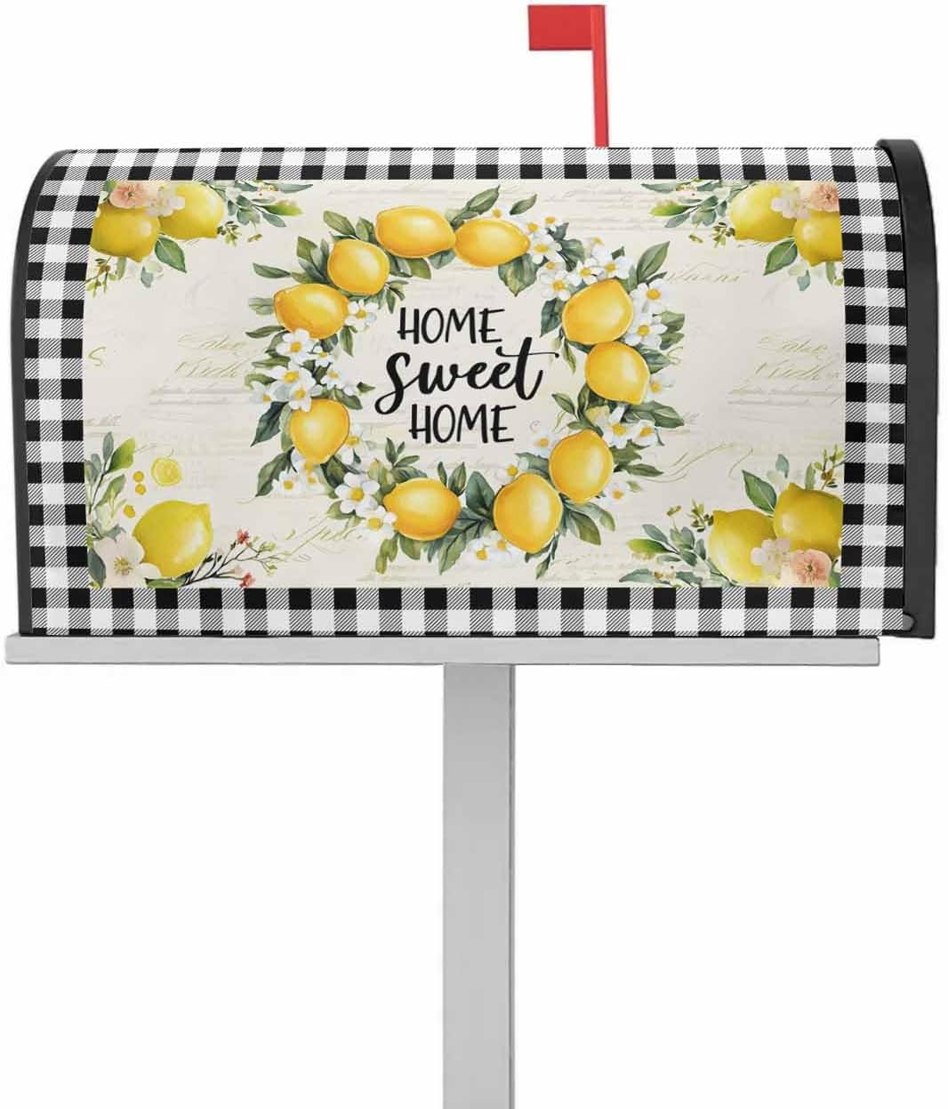 QueenKer Summer Lemon Mailbox Covers Magnetic Oversize 21" x 25.5" Black and White Plaids Replaceable Post Wraps Letter Box Cover Welcoming Outdoor Decoration for Yard Patio Garden