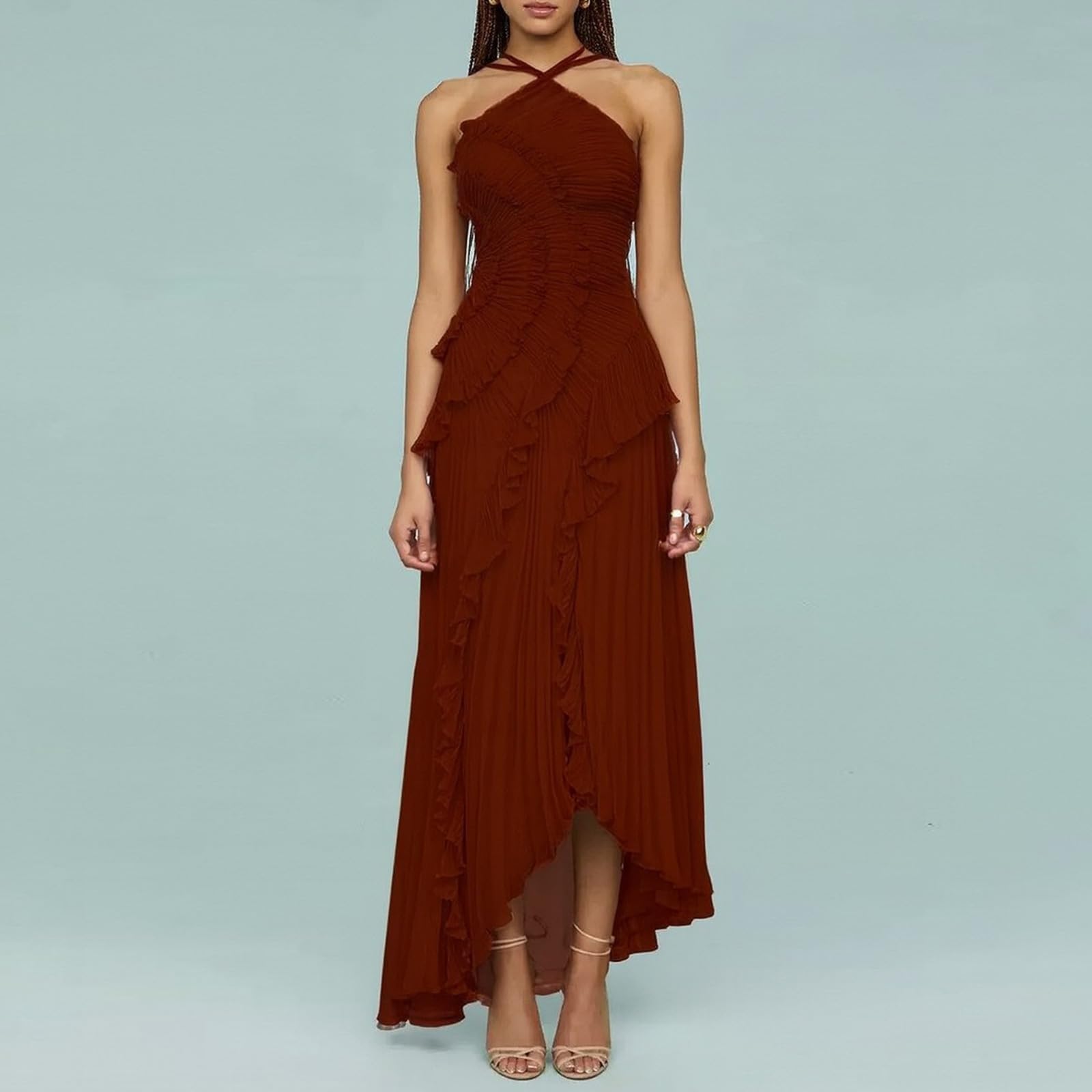 Robe longue plissée à bords lotus pour femme, dos nu, asymétrique à volants, robe de bal formelle, robe de bal de fin d'année, robe formelle pour invitée de mariage