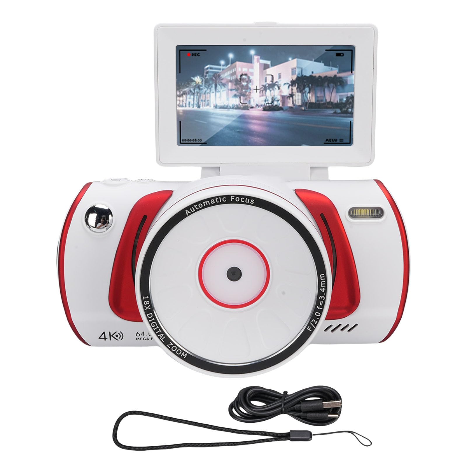 Annadue 64MP 4K Aparat Cyfrowy do Fotografii, Kamera Vlogowania z Wi -Fi, 3 -calowy Ekran Klapki, 18x Cyfrowy Zoom, Autofocus, Anty Shake, Kamera Wideo do Podróży (WHITE)