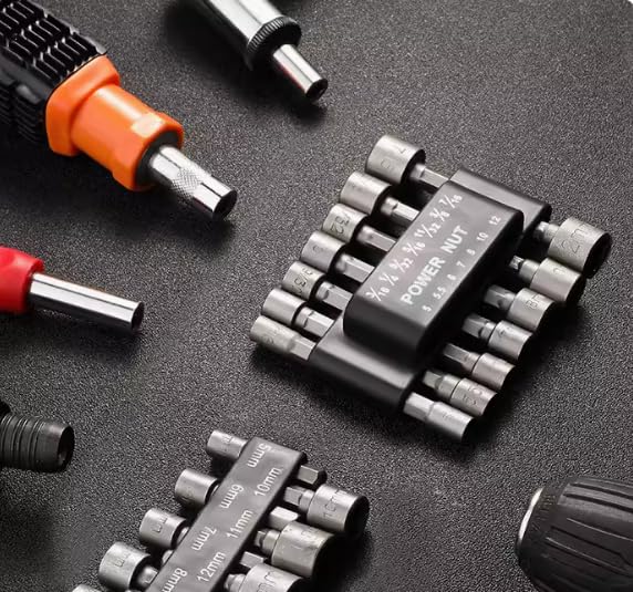 Image of Power Nut Driver Drill Bit 14-Piece Set, 1 /4 inch Hex Drive, Metric & SAE Socket Wrench Screws Compatible with Power Tools