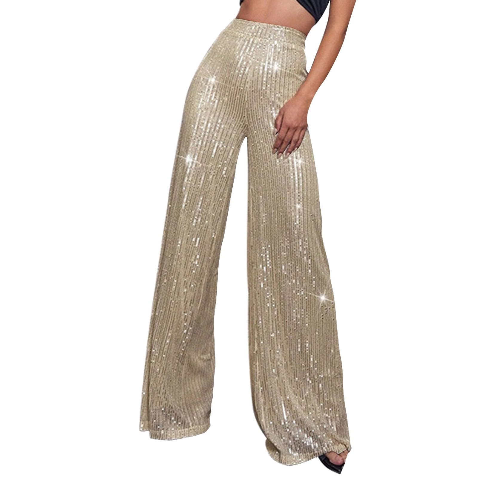 Sequin Glitter High Waist Wide Leg Palazzo Pants for Women Sparkly Party Trouser Bling Leggings