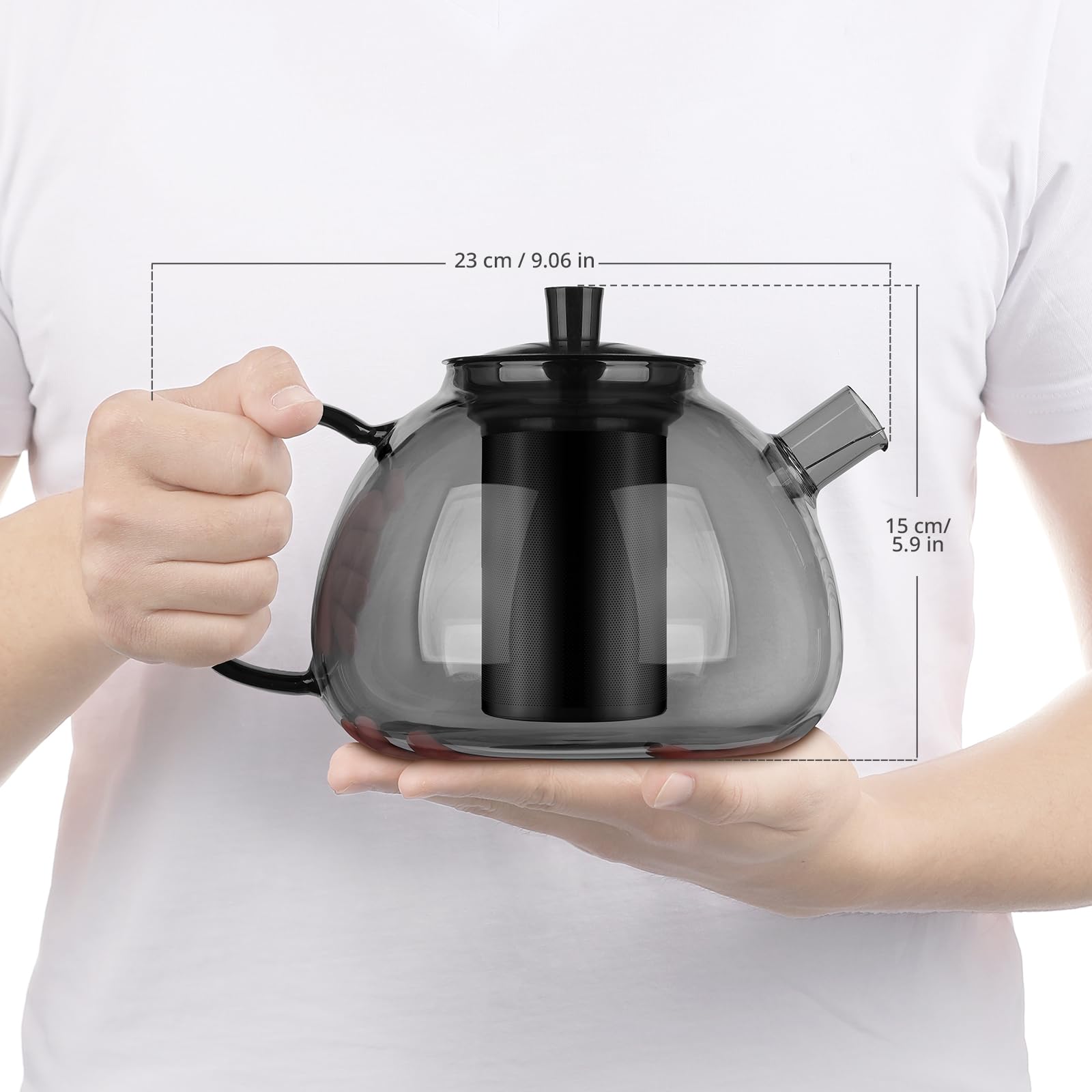 ecooe Teiera in vetro borosilicato nero da 1500 ml con filtro rimovibile in acciaio inox 18/8, resistente al calore, per tè nero, tè verde, tè alla frutta, tè profumato