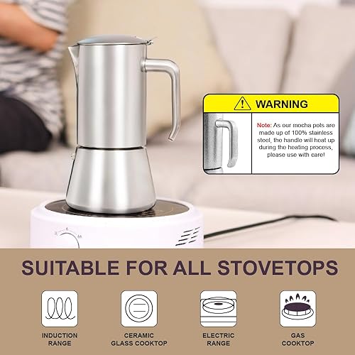 Miniatura 2 de wedrink Cafetera de café expreso, 9 tazas de café expreso, olla moka de acero inoxidable para estufas de greca, inducción, eléctricas y de gas (15