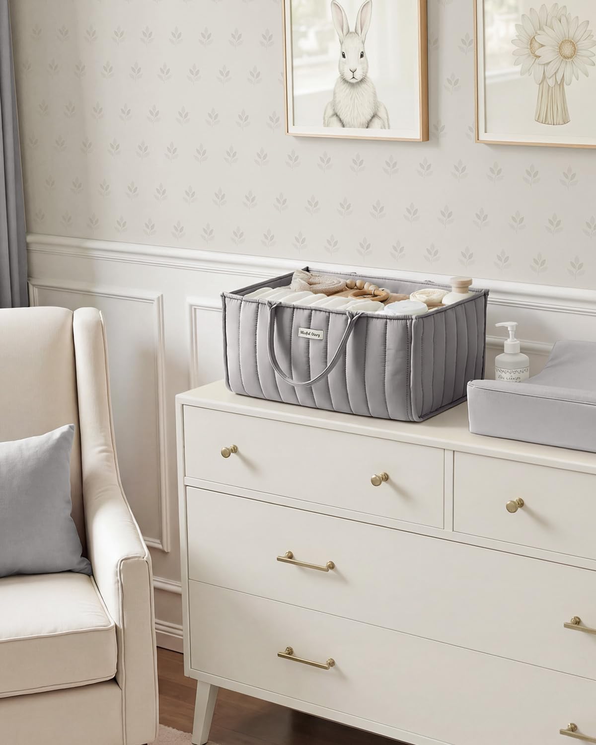 Blissful Diary Cestino per pannolini, per baby shower, per neonati o ragazze, organizer per pannolini, registro dei regali per neonati e neonati indispensabili, grigio chiaro