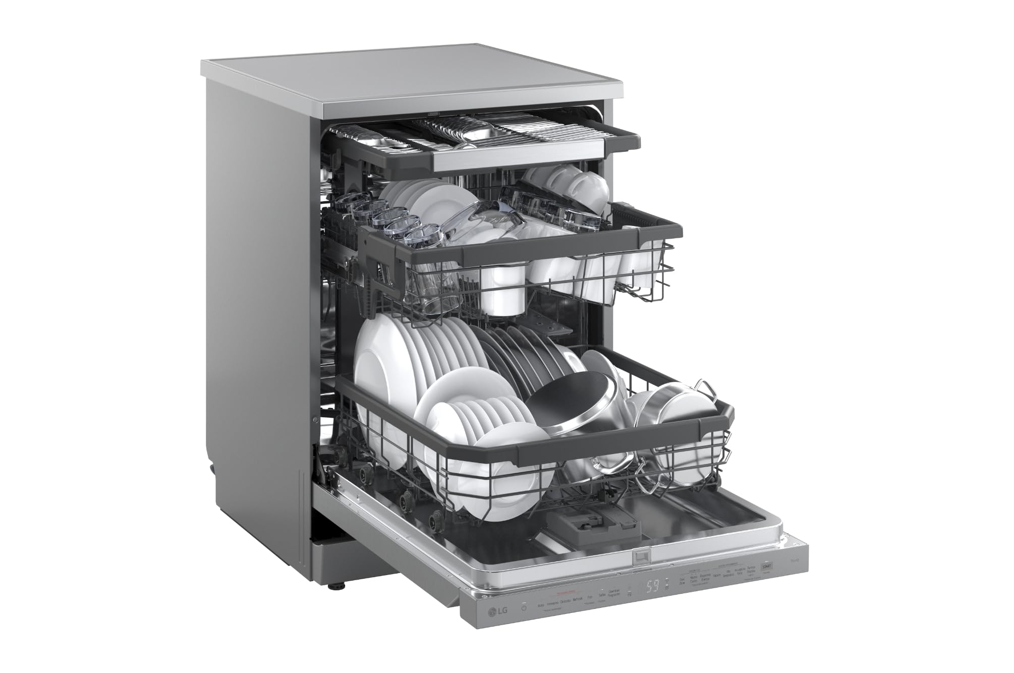 LG DF375HVS Lavastoviglie Libera Installazione Classe A, 14 Coperti, Lavaggio a Vapore TrueSteam, LED Esterno, Sistema QuadWash con 4 Bracci Irroratori, Serie 5, Auto-Apertura, 43dB, Wi-Fi, Grigia