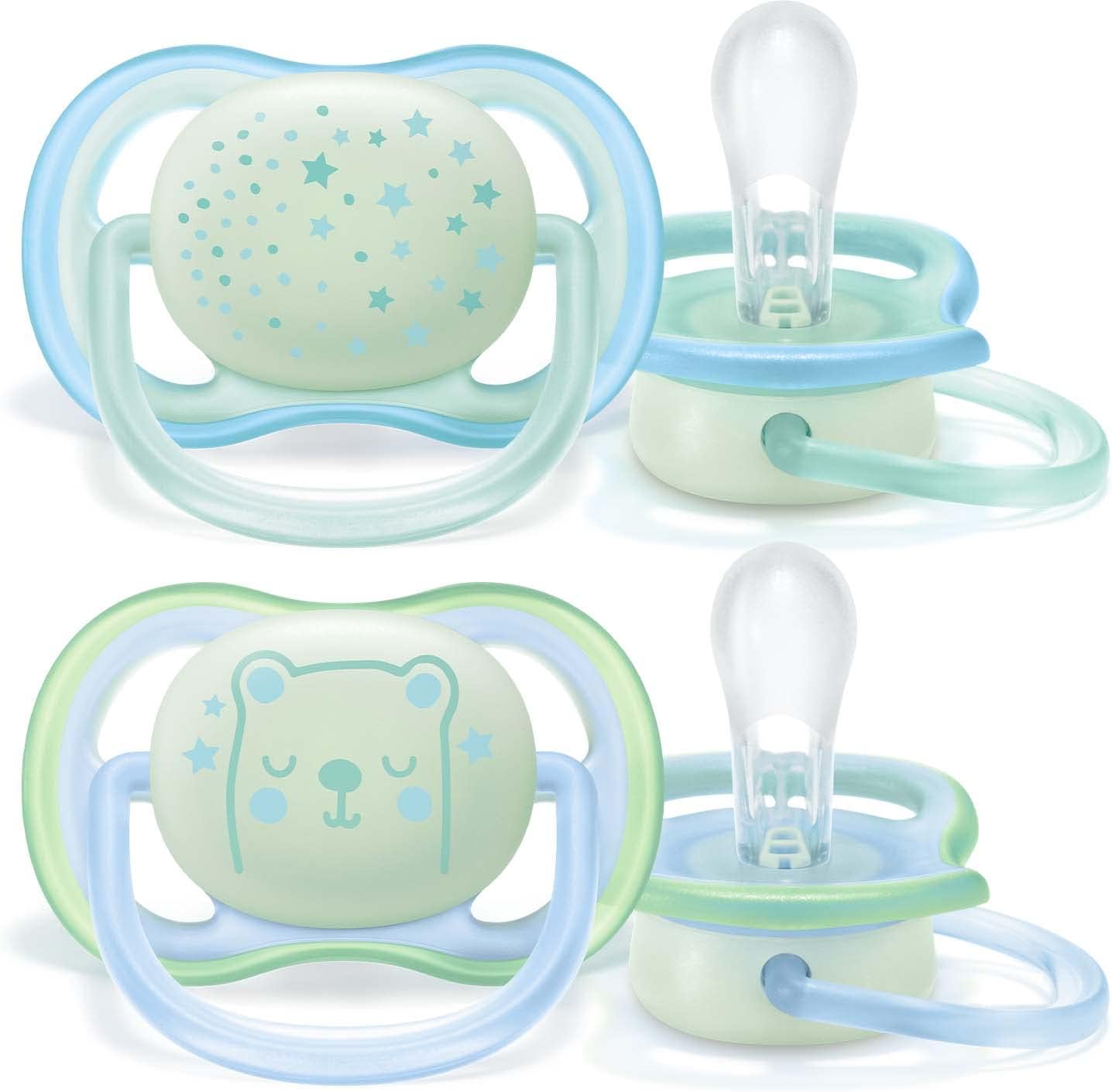 Philips Avent Soothers, 0-6m Ultra Air Night Soother with Glow-in-the-Dark Button, Star/Bear Design, Green/Blue (Pack of 2) - SCF376/11