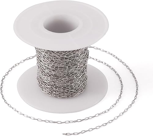 Pandahall - Cadenas de clip de acero inoxidable 304 de 32.8 pies de 0.118 x 0.051 x 0.012 in con carrete para hacer joyas de bricolaje (color acero