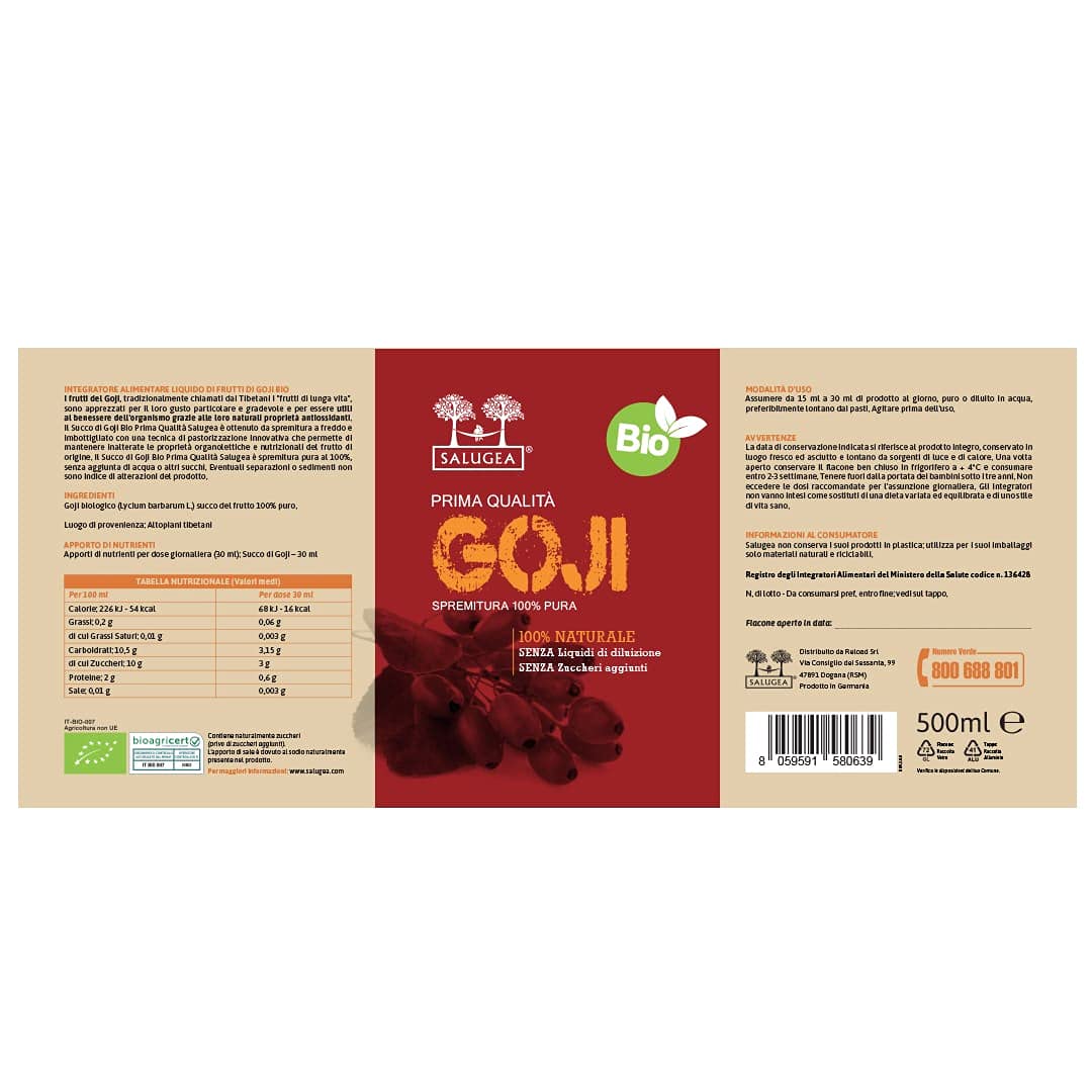 SUCCO DI GOJI BIO Salugea - 100% Puro e Naturale - Integratore energizzante e saziante, ricco di vitamine, sali minerali e aminoacidi - 500 ml - Flacone in vetro scuro farmaceutico