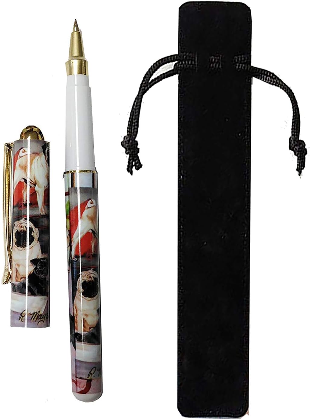 Pug Dog Gift. Beautiful Rollerball Pen with Black Velvet Pouch.