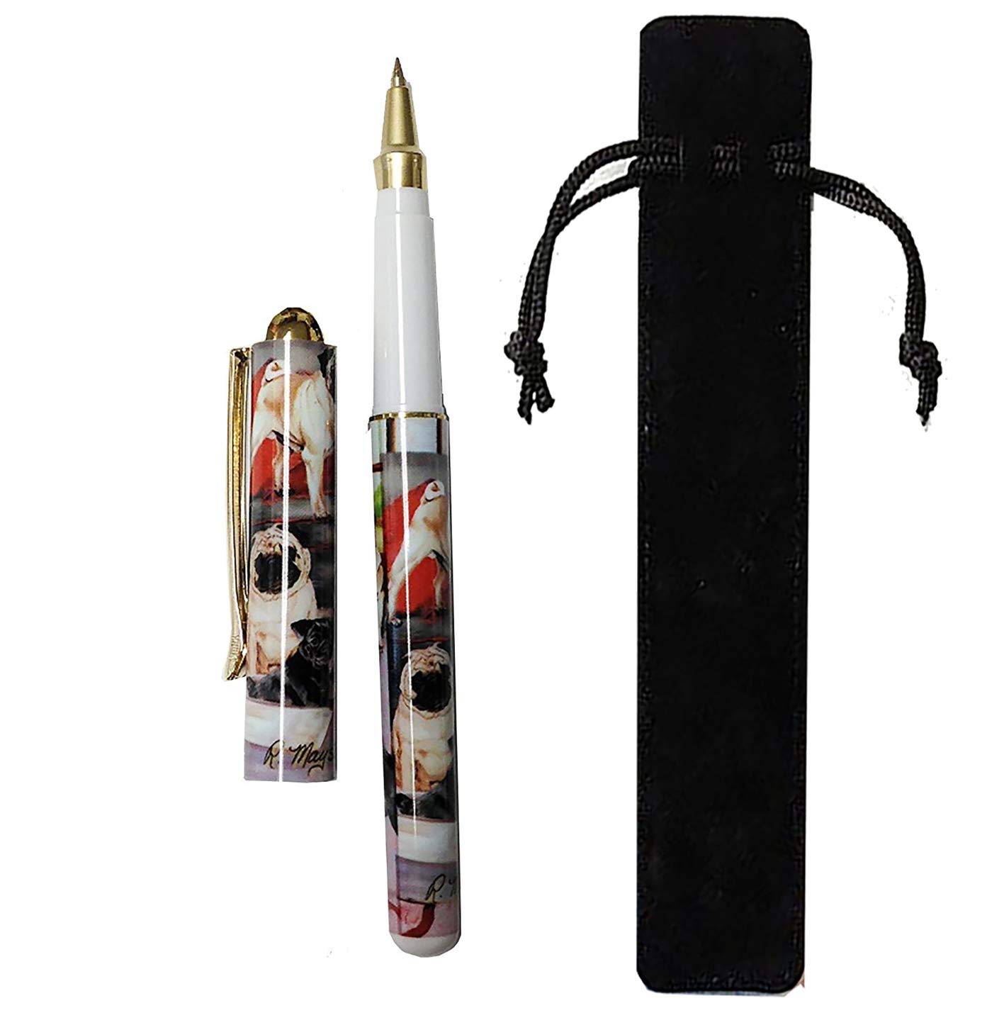 Pug Dog Gift. Beautiful Rollerball Pen with Black Velvet Pouch.