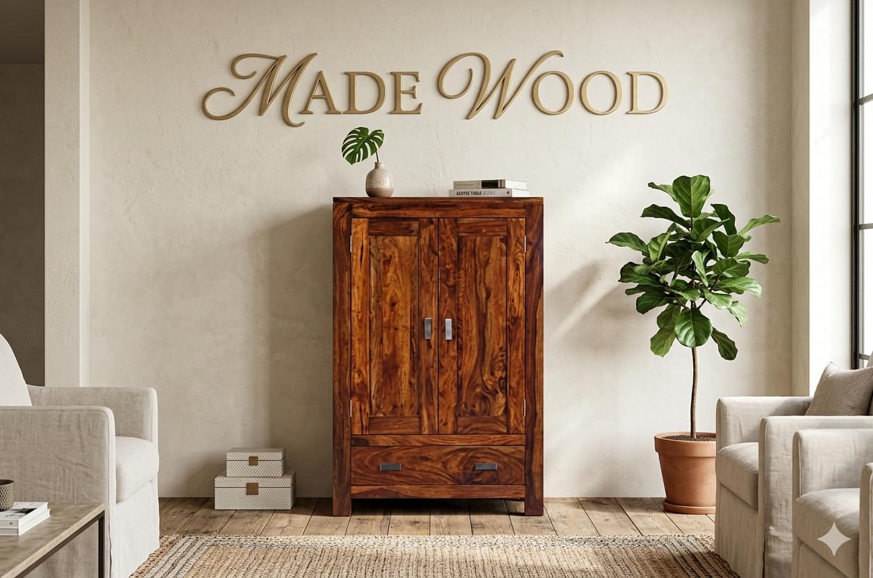MADE WOOD 2 Door Wardrobe 1 Drawer Furniture for Clothes,Cupboard Wooden Almirah for Bedroom Home Living Room Cupboard Cabinet Multi Utility Wardrobe [Sheesham Wood Honey]-image-15