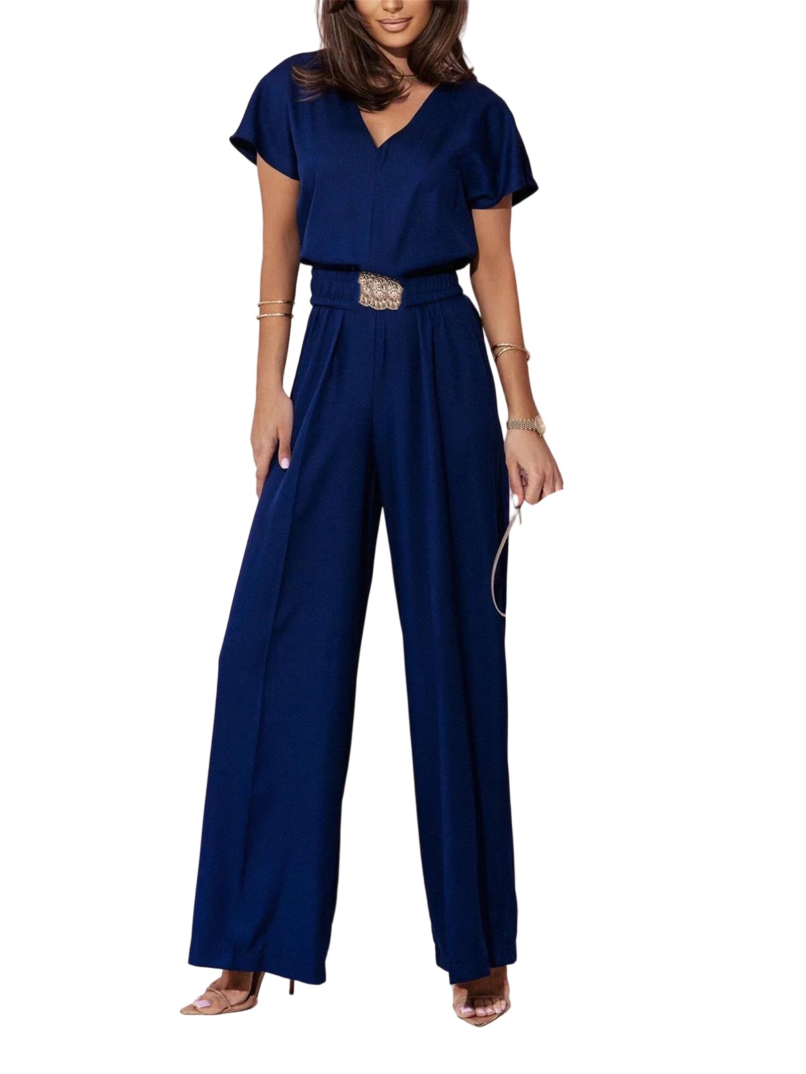 Yeuyyben Pagliaccetto estivo da donna con scollo a V manica corta gamba larga cintura casual elegante tinta unita