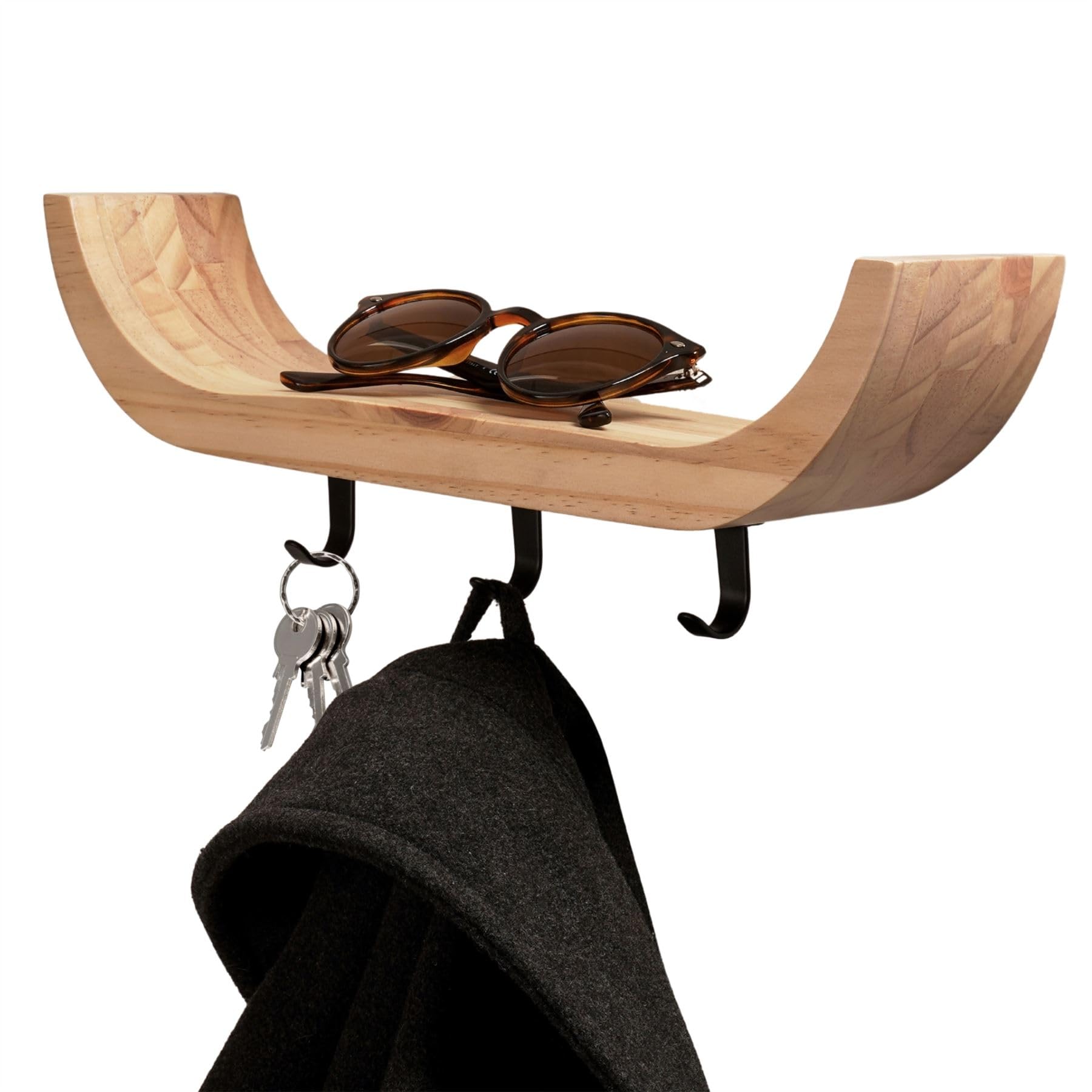 Keypak Wood Scandi En Curved Key Holder With Shelf, Wall Mounted Key Rack, 3 Black Hooks For Hallways, Entryways & Bedrooms