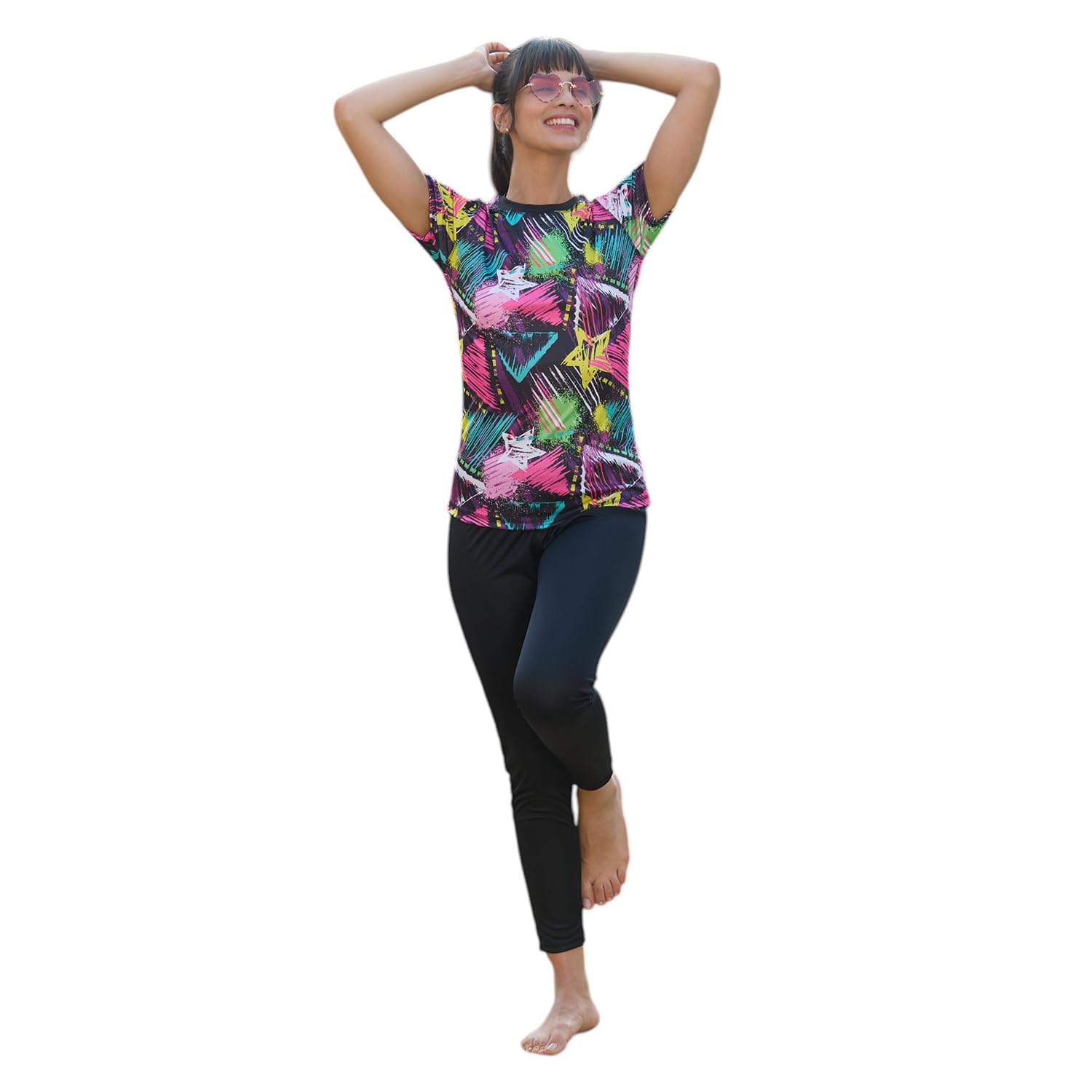 ROVARS RRovars Poly Jersey Two Piece Women Swimwear Printed Swim Top with Plain Legging Price In India