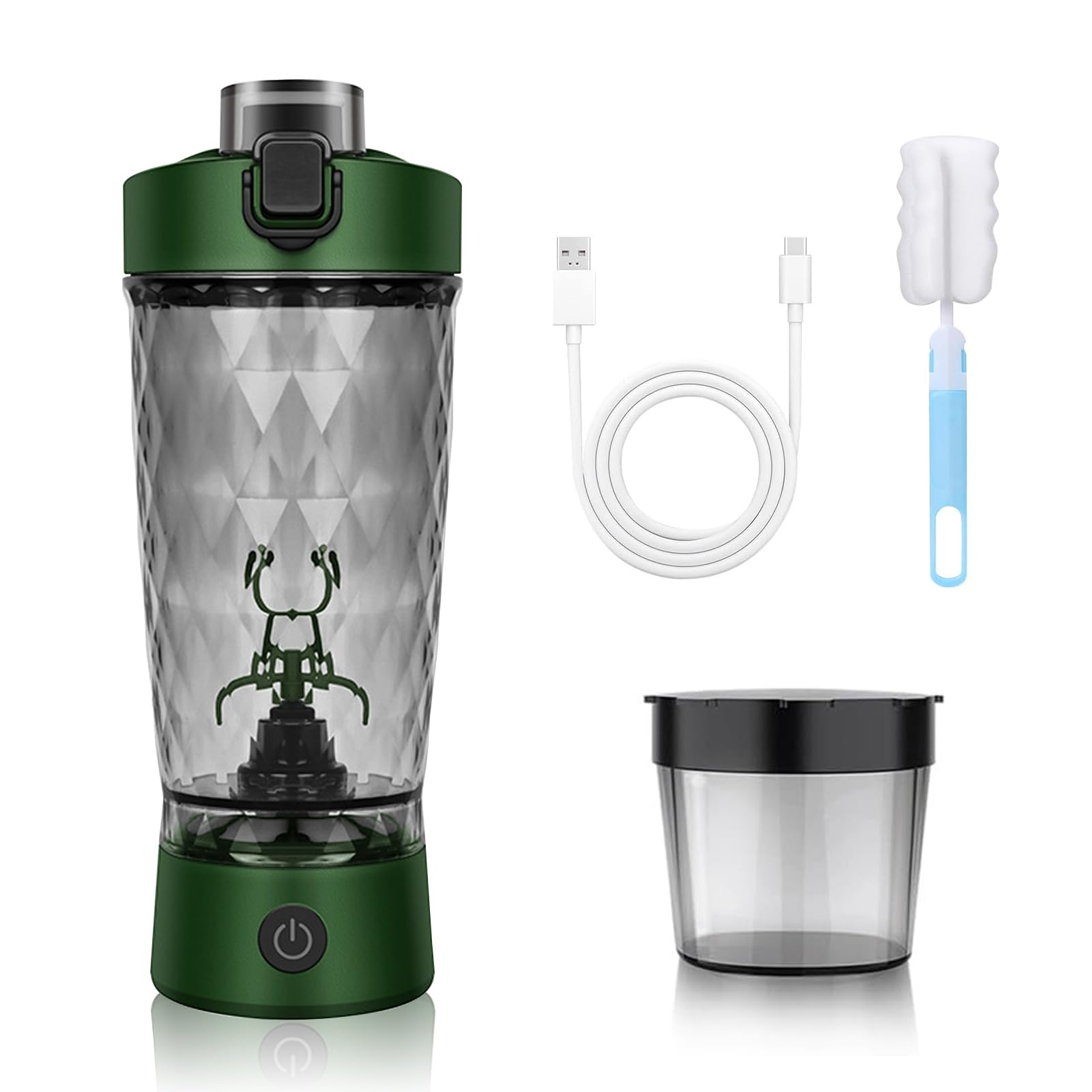 MeYuxg Shaker elettrico per proteine da 650 ml, senza fili, con funzione di miscelazione, bicchiere automatico con contenitore per polvere e spazzola per la pulizia, per sport, fitness e viaggio verde
