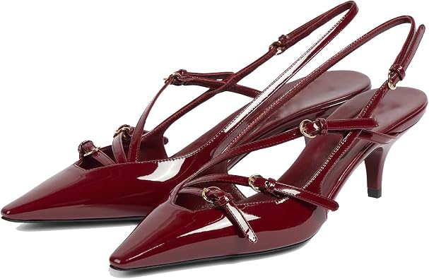 YIYA Cherry Red Slingback Kitten Heels for Women with Buckle Strap Closed Pointed Toe Stiletto Low Heels Backless Slip On Sandals