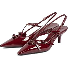 YIYA Cherry Red Slingback Kitten Heels for Women with Buckle Strap Closed Pointed Toe Stiletto Low Heels Backless Slip On Sandals