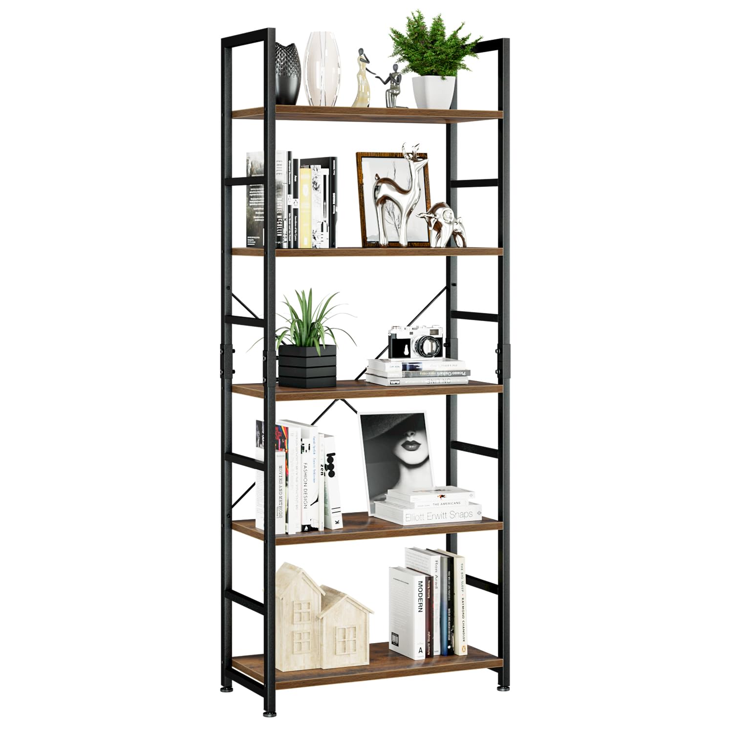 NUMENN 5 Tier Bookshelf, Tall Bookcase Shelf Storage Organizer, Modern Book Shelf for Bedroom, Living Room and Home Office, Vintage