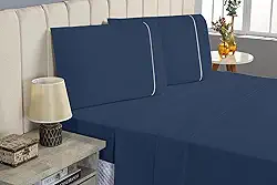 Jogo de Lençol CASAL 4 Peças 400 Fios Lençol de Cima Ponto Palito Toque de Pessego Lençol com Elastico e Com Fronha (AZUL MARINHO, CASAL 4 PEÇAS)