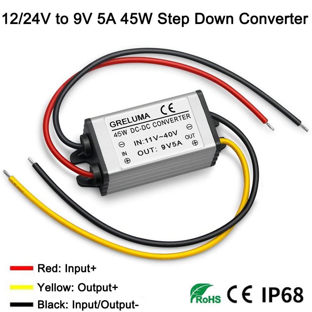 Greluma 1Pz DC 12v 24v a 9v Convertitore step-down Regolatore 5A 45W Adattatore di alimentazione Riduttore per auto Elettronica Camion Veicolo Barca Sistema solare (Ingressi DC 11-40V,Certificato CE)