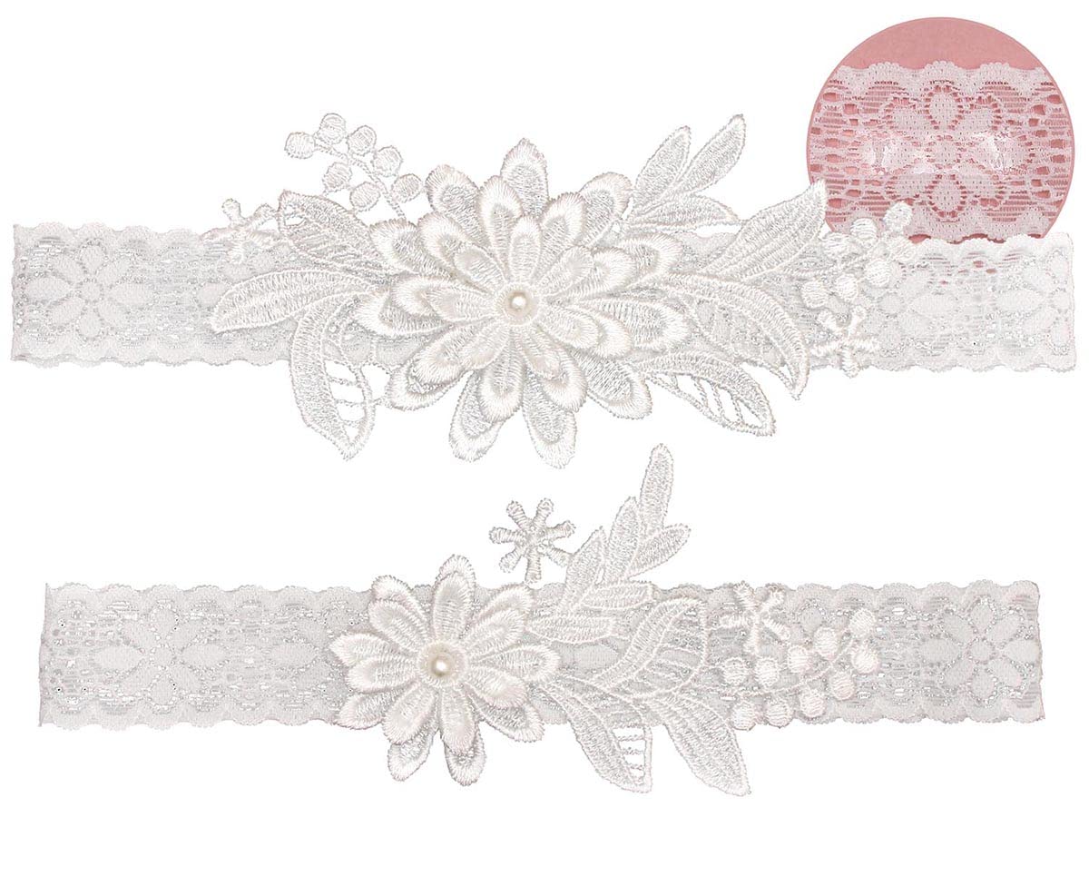 IMOMOTOWhite Wedding Garters for Bride, Non Slip Silicone Lace Bridal Garters Set with Pearls Plus Size