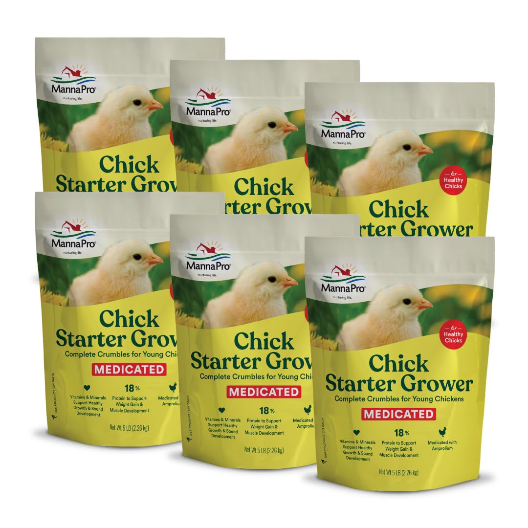 Manna Pro Medicated Chick Starter Grower, Crumbled Chick Feed with Amprolium, Complete Nutrition for Young Chickens, Supports Healthy Growth and Coccidiosis Prevention, 6-Pack of 5 lb Bags