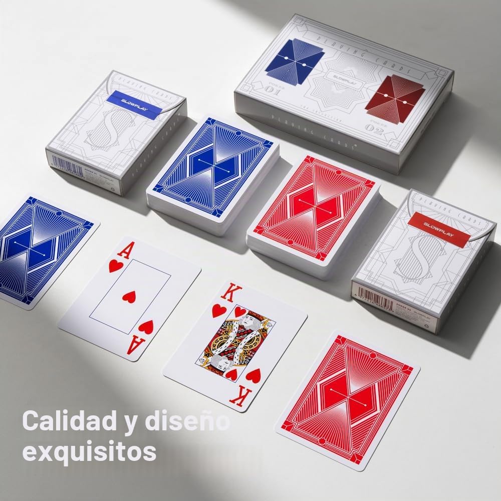 SLOWPLAY Cartas 100% plástico Gen 2, 10 Barajas (Rojo/Azul) | Calidad casino; dorso mate texturizado; manejo suave; 100% PVC; impermeables y lavables; índice jumbo y tamaño póker