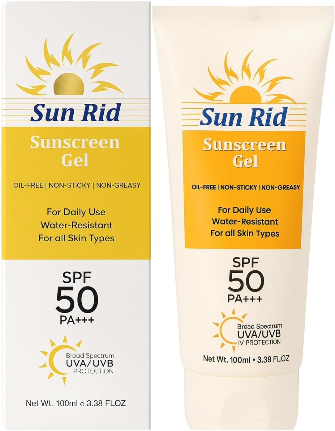 Sun Rid SPF 50 + sunscreen | Maximum Hydration | Protection against both UV-A/UV-B, Water and Sweat Resistance | Lightweight | With anti-aging benefits | For all Skin Types | No white cast | 100ml