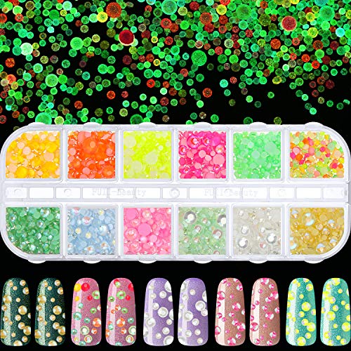 12 Scatole Circa 2400 Pezzi 3D Strass Unghie Luminosi nel Buio Gemme Unghie Fluorescenti Cristalli Ciondoli Unghie Decorazione con Scatola di Plastica per Nail Art e Creazione Gioielli, Multicolore