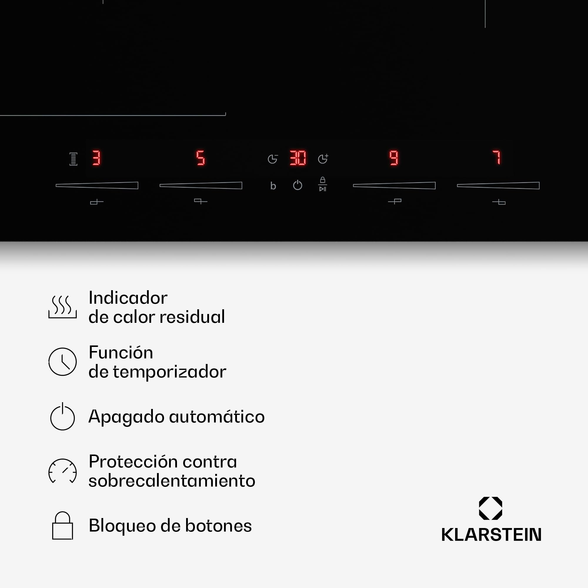 Klarstein HaloSync Placa de Inducción con Extractor Integrado - 4 Zonas, 8400W Boost, Control Táctil, Campana 631,6 m³/h, Temporizador, Bloqueo Infantil, 60cm, Vitrocerámica Negra